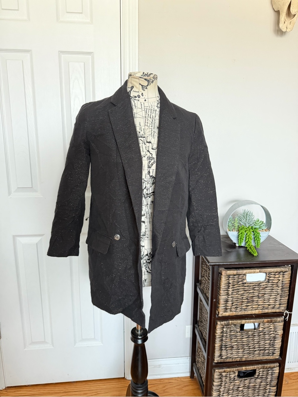 Jeffrey Monteiro Silk Shiny Hip Long Tailored Blazer Black cotton one button 4